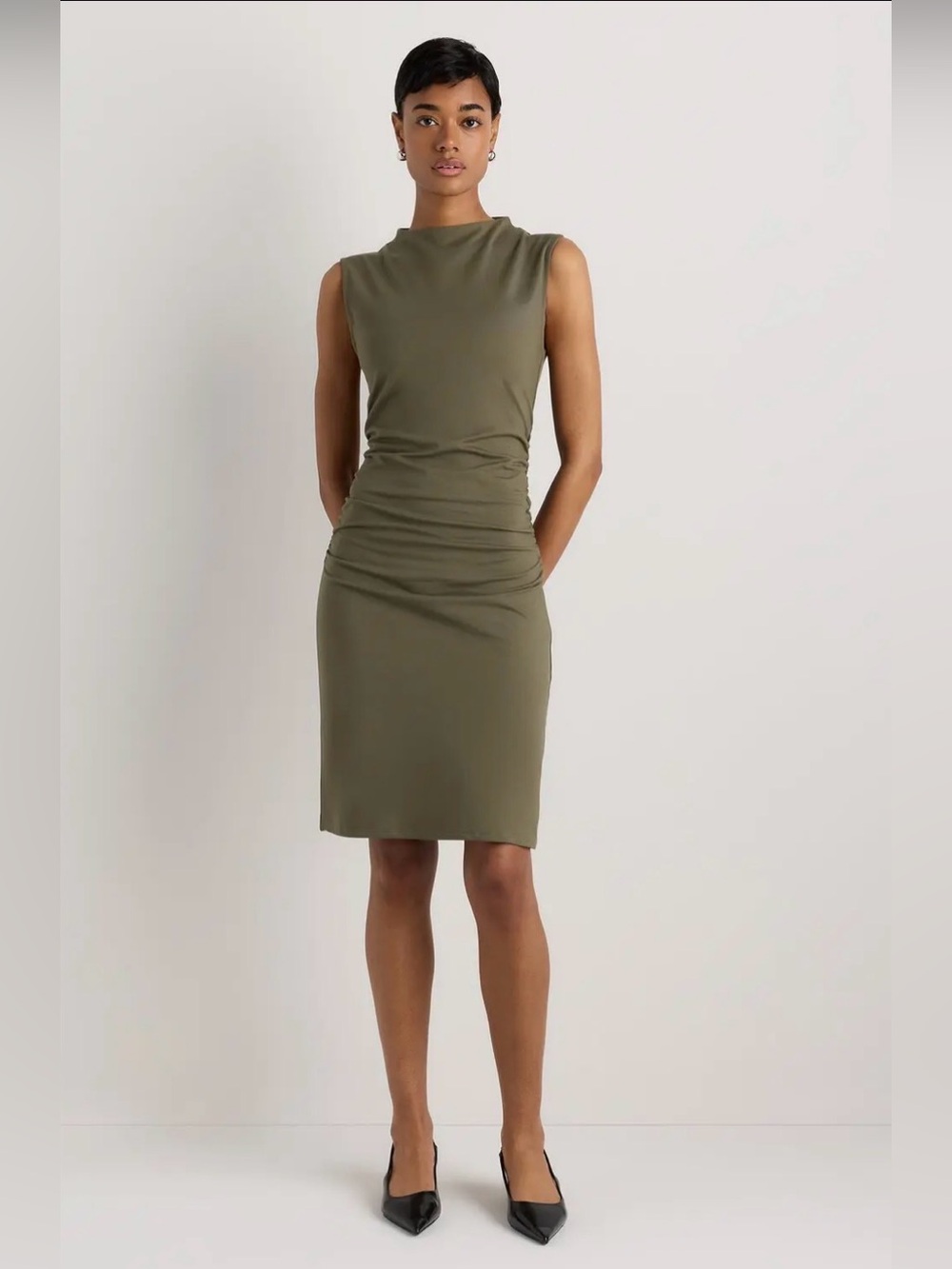 NEW Quince Stretch Cotton Jersey Mock Neck Mini Dress Kalamata Olive XL Ruched